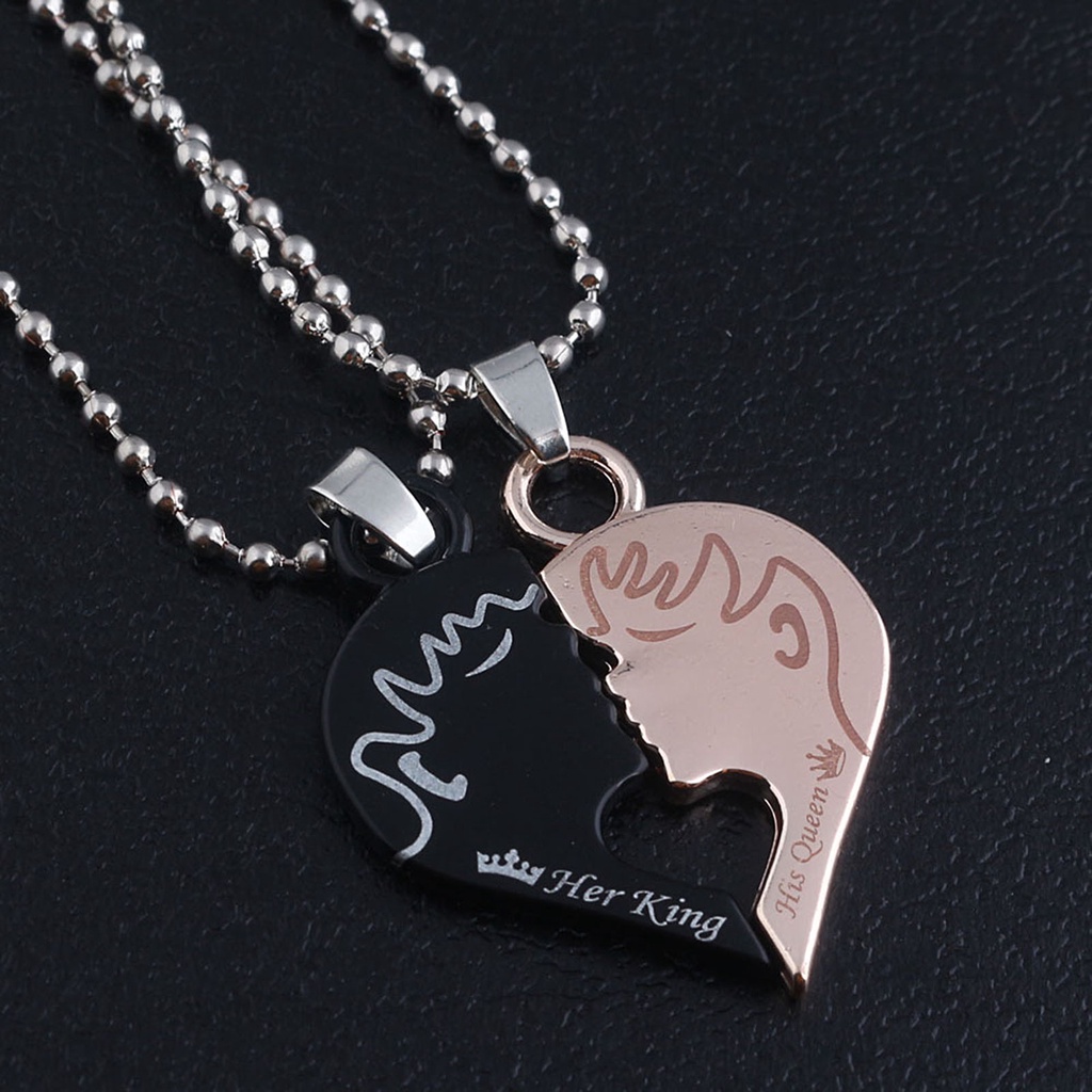 Hu Hu Hu Hu Hu Alat Bantu Pasang Kacamata♡ 2pcs Kalung Rantai Liontin Hati Motif Tulisan Her King His Queen Untuk Pasanganpriawanita