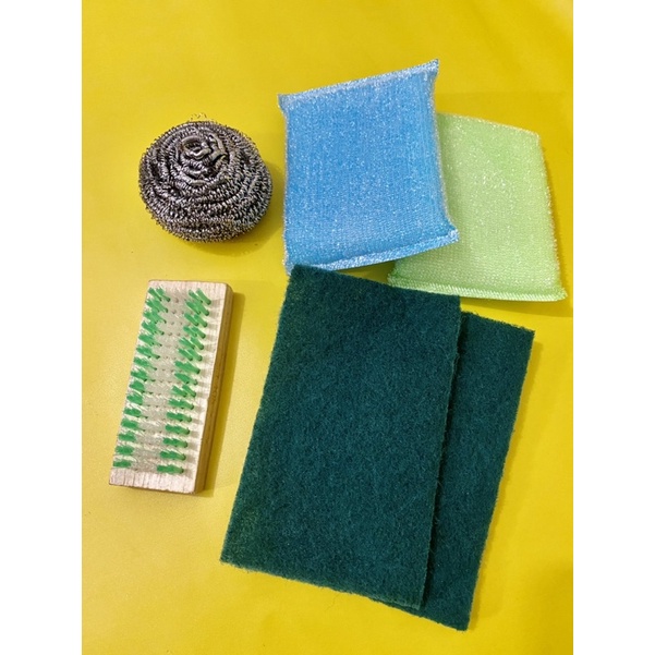 PAKET MURAH PENCUCI PIRING - SABUT BESI + SIKAT + SPON TEBAL 2 PCS + SPON TIPIS 2 PCS
