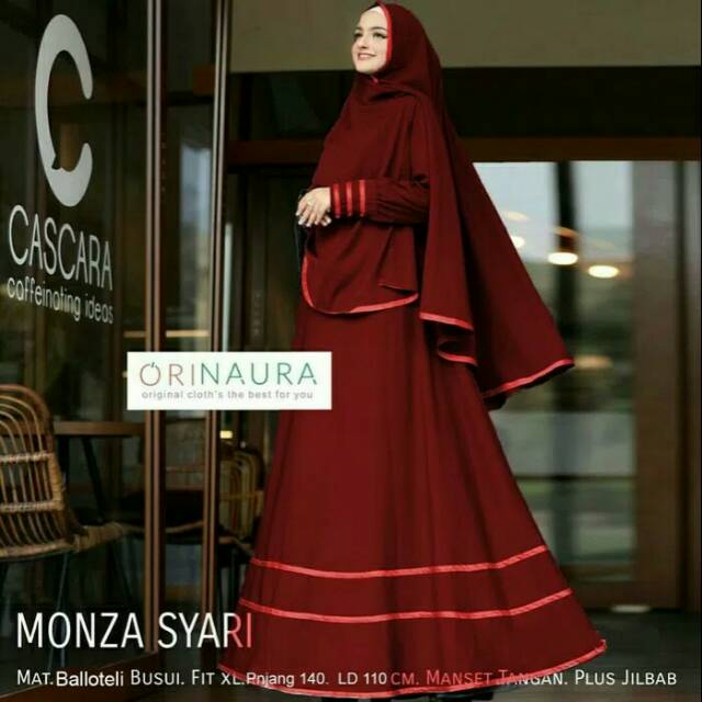 Baju Muslim Wanita Gamis Monza Syari Busana Lebaran Motif Polos Warna Maroon