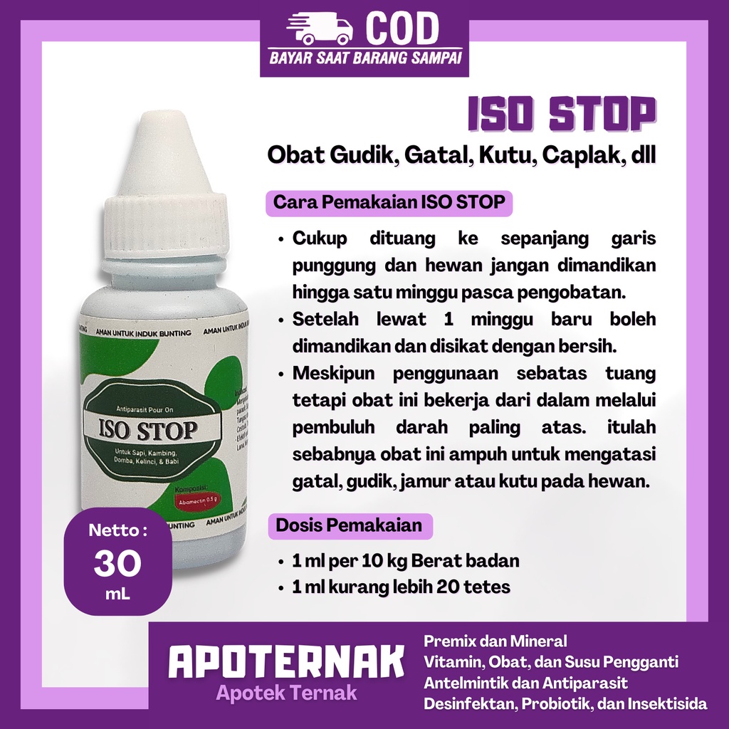 Iso Stop | Obat Gudik Sapi Cacing Kutu Caplak Pada Sapi Kambing Domba Kelinci Babi | 30 ml | Apoternak