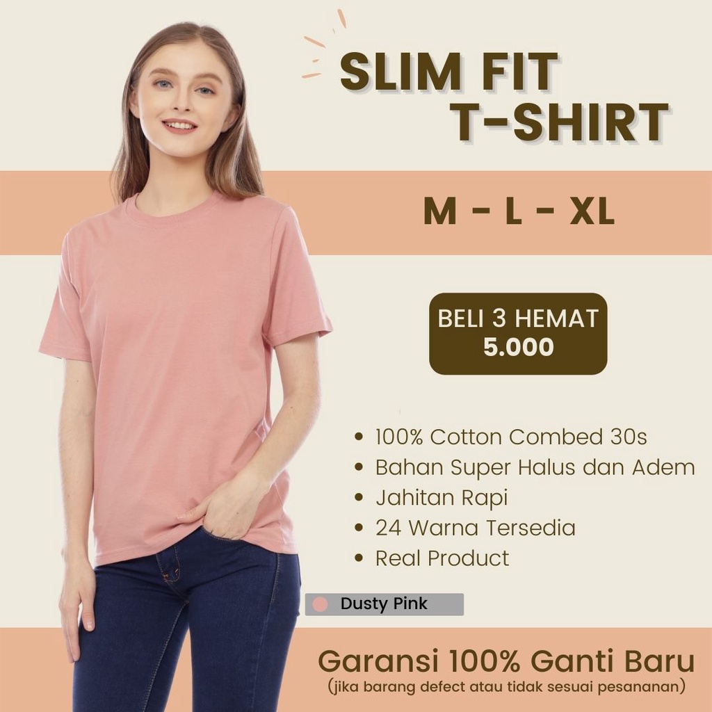 Kaos Wanita Slimfit Lengan Pendek Baju Polos Cewek Cotton Combed 30s Ukuran M L XL Warna Dusty Pink 