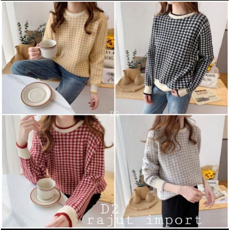 Atasan kaos rajut wanita motif honstut/blus/blouse rajut import