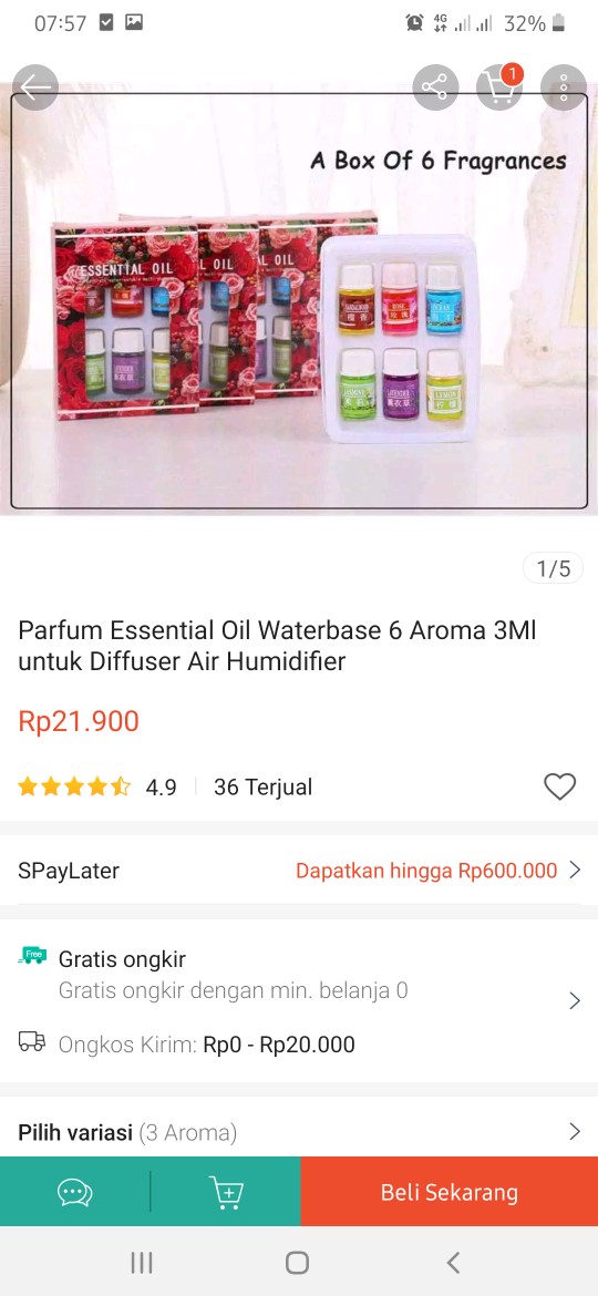 Parfum Essential Oil Waterbase 6 Aroma 3ml Untuk Diffuser Air Humidifier