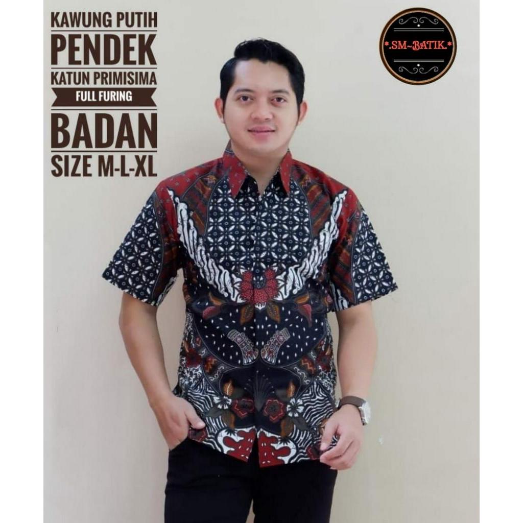 Batik Lengan Pendek Terbaru Batik Pria Lengan Pendek Lapis Furing Batik Warna Merah KAWUNG PUTIH