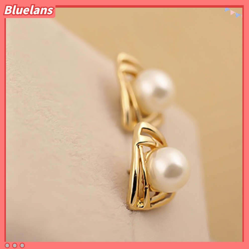 Bluelans Women Faux Pearl Inlaid Double Triangle Crossover Ear Stud Earrings Jewelry Gift