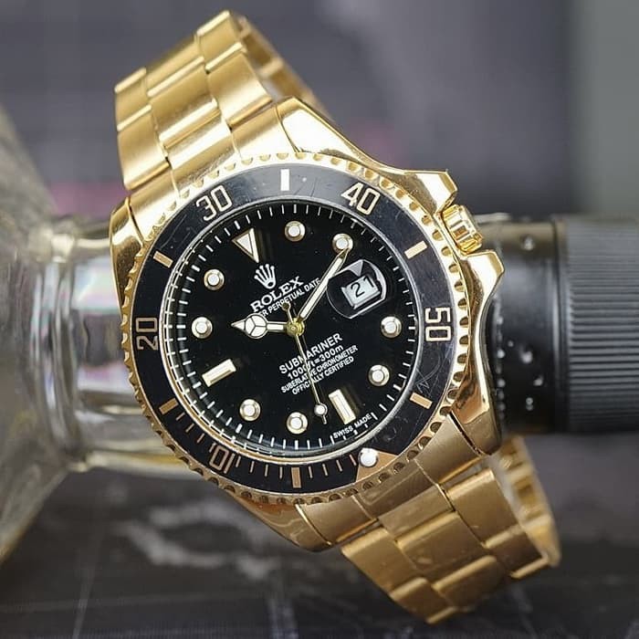 Jam Tangan Rolex Pria Tanggal Aktif Free Box - Gold plat Hitam