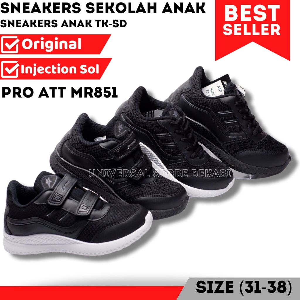 Sepatu Sekolah Pro ATT MR 851 Perekat Tali Hitam Putih Hitam Full Casual Sneakers Anak Perempuan Laki SD SMP