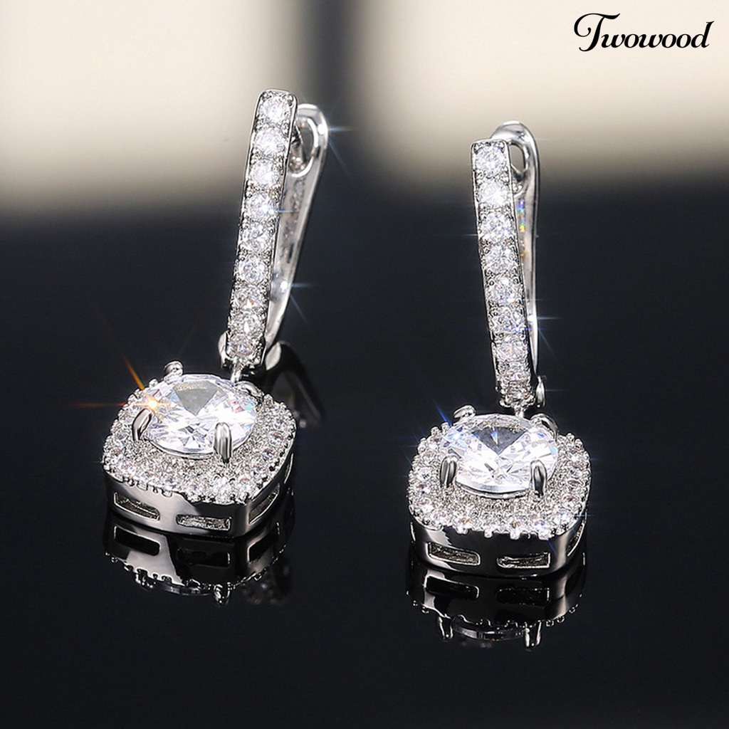 1 Pasang Anting Liontin Bentuk Persegi Bahan Cubic Zirconia Gaya Korea Untuk Pesta