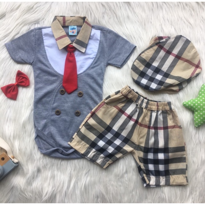 Baju setelan jumper dasi kupu-kupu free topi bahan adem babyboy bayi laki-laki lucu murah -lux