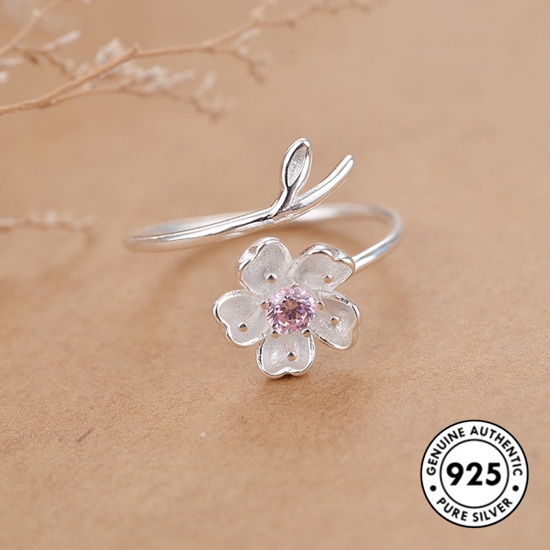 Cincin Desain Bunga Sakura Aksen Berlian Bahan S925 Silver Gaya Minimalis