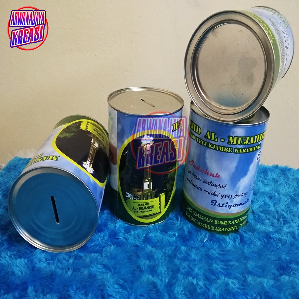 Celengan Kaleng Besar Karakter Costum Buka Tutup Bawah + Laminasi + Stiker Atas