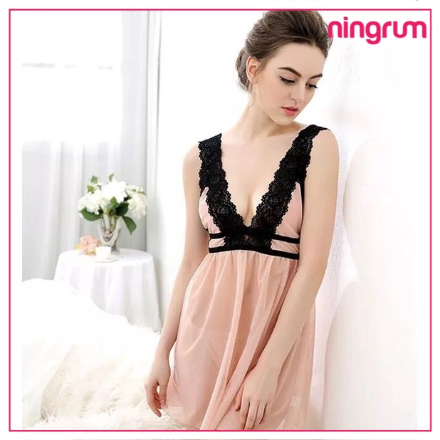 Ningrum Pakaian Dalam Wanita Lingerie Sexy Lingerie Set Cami Top + G String Piyama Gaun Malam Import - 4017