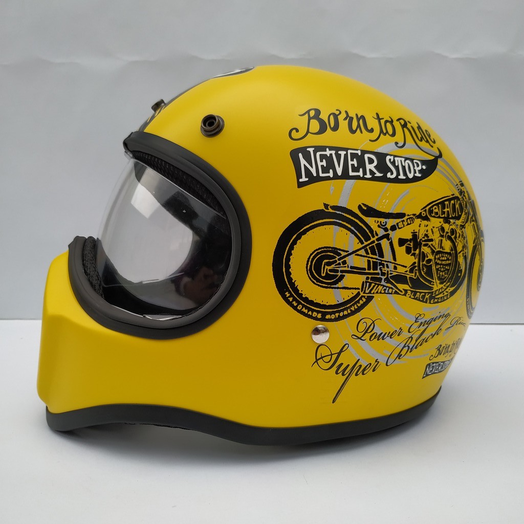 Helm Cakil HBC Born To Ride Yellow + Inner Visor ( Fullface / Retro / Klasik / Vespa )