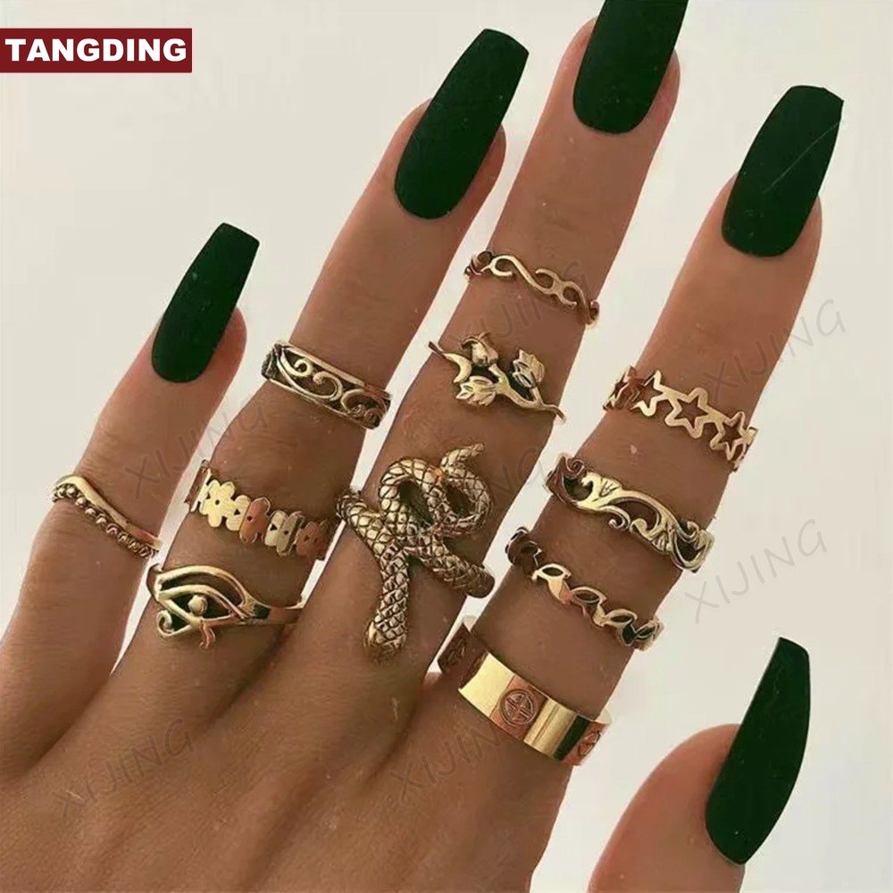 【COD Tangding】9pcs/set Retro Rose Five-pointed Star Sunflower Hollow Carved Ring Fashion Women Joint Ring Jewelry Accessories