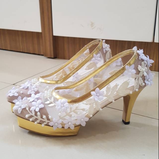 White Gold Floral Brokat Lace Wedding Shoes Bride Shoes Sepatu