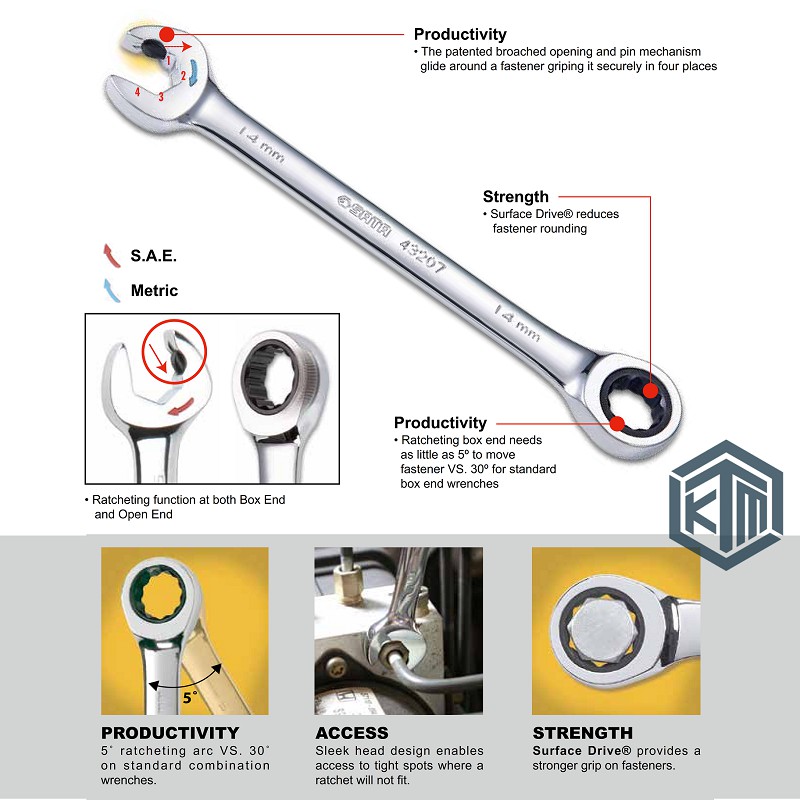 3 Pcs Kunci Ring Pas Ratchet SET Wrench Combination 09076 SATA TOOLS