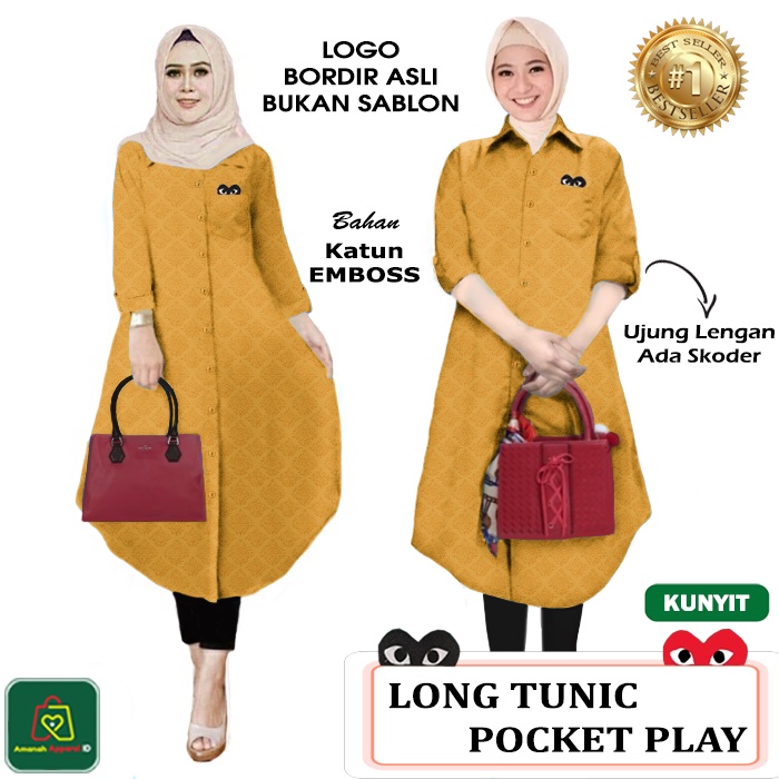 Baju Atasan Tunik LONG TUNIC PLAY POCKET JUMBO Wanita Muslim Bahan Katun Emboss Premium Size XL-XXL / 17656 17659