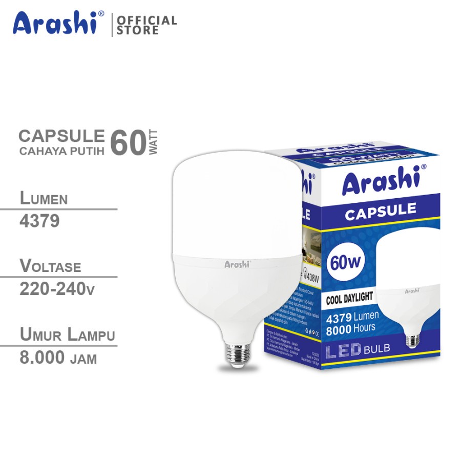 Arashi Lampu LED Capsule 60 Watt CDL Putih Bohlam LED Capsule