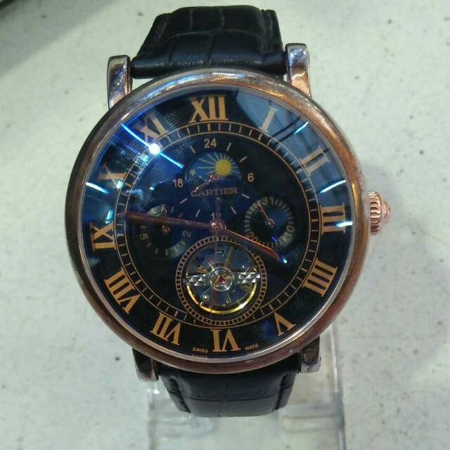 JAM TANGAN PRIA CARTIER METIK TALI HITAM GREDE CHRONOL RING ROSEGOLD WATER RESIST