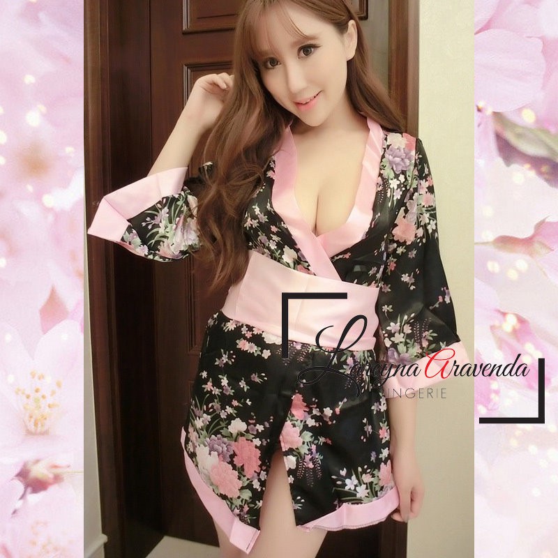 Set Lingerie Sexy &amp; G String Model Kimono Hitam Bunga Sabuk Pita Besar LG112