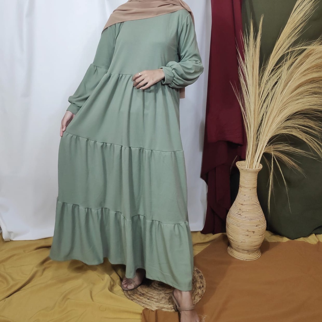 Gamis Wanita Lengan Panjang Fashion Muslim Devi Fit  L-XL Lingkar Dada 100cm Panjang 130cm-DEVI HijauMint