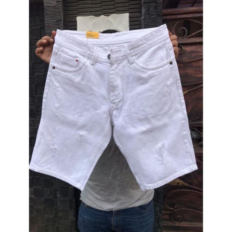 Celana Jeans Pendek pria Sobek JUMBO Distro terlaris PUTIH