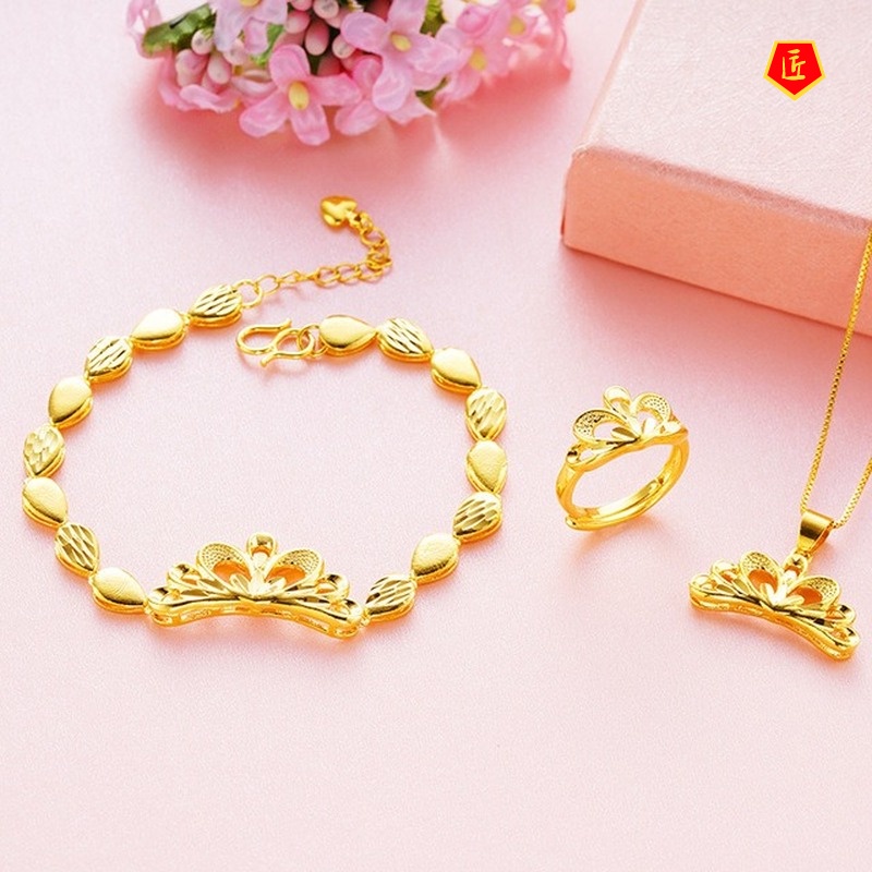 [Ready Stock]New Gold Crowns Ring Bracelet Necklace Three-Piece Suit