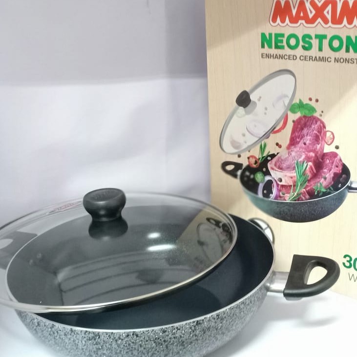 WAJAN TEFLON NEOSTONE WOK 30cm TUTUP KACA MAXIM