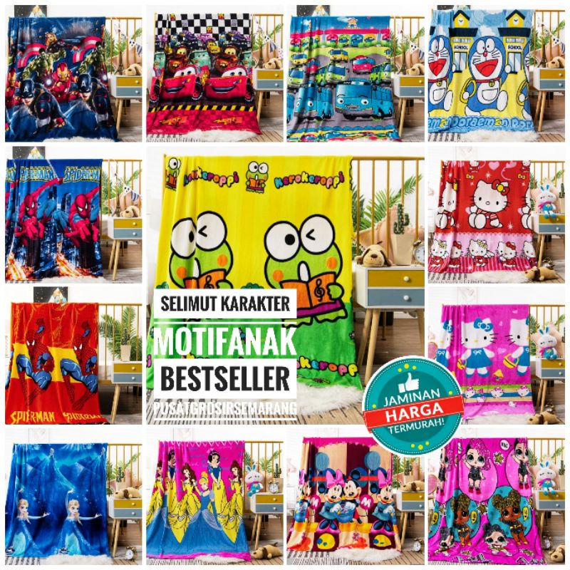 Selimut Karakter Anak MORIA Doraemon Frozen Anna Elsa T5um2 Cars LOL Spiderman Superman Superhero Helokitty Poni Keropi Thomas Mickey Minnie Princess Avengers
