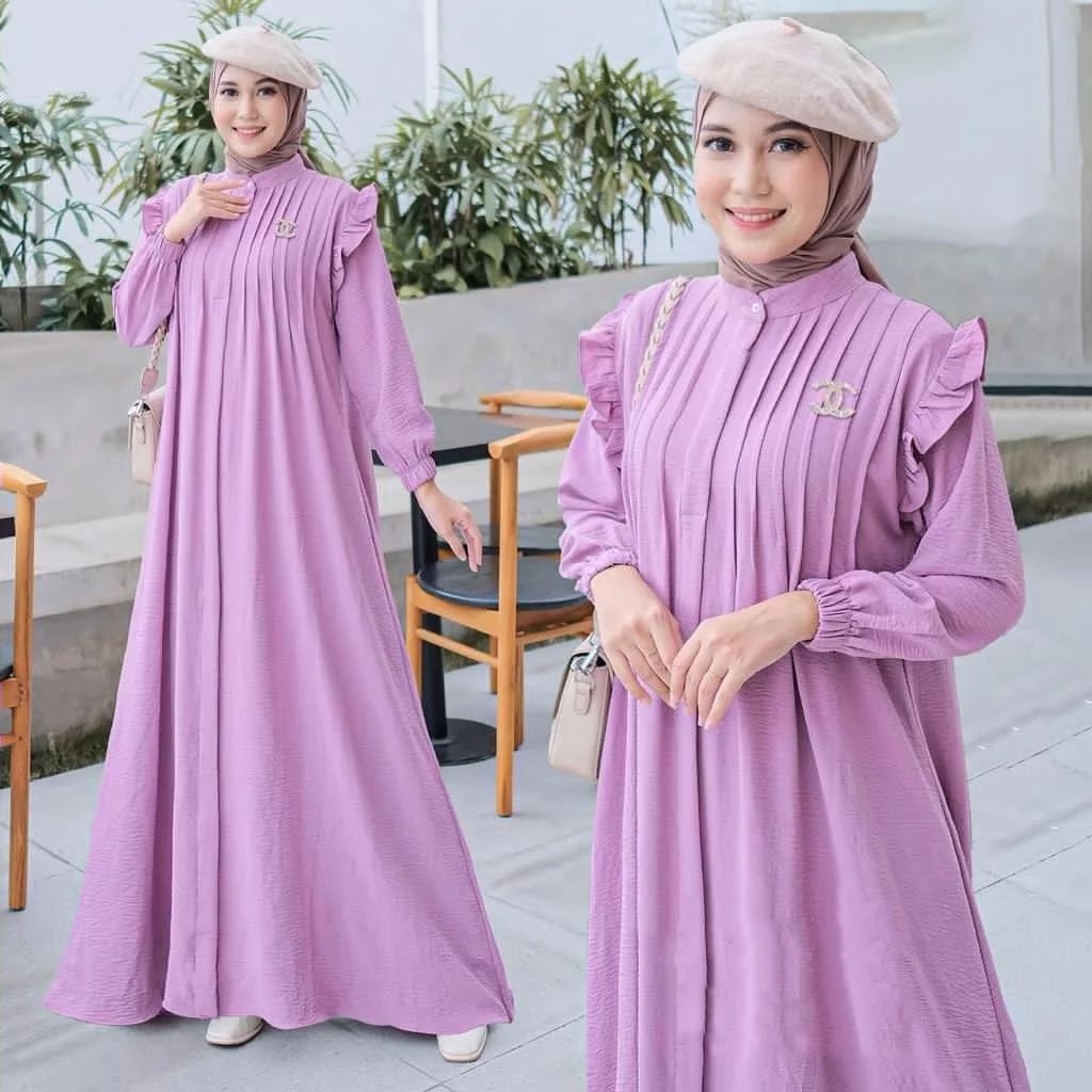 Dress Rempel Ruffle Lengan Kerut Full Kancing Depan / Dres Crinkle / Gamis polos / dress polos / gamis polos premium / dress polos panjang / gamis dress terbaru / dress muslim korea / dress muslim wanita / Clarissa Dres