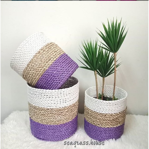 Mini Cover Pot Indoor Triple Violet isi 3pcs / keranjang seagrass ungu