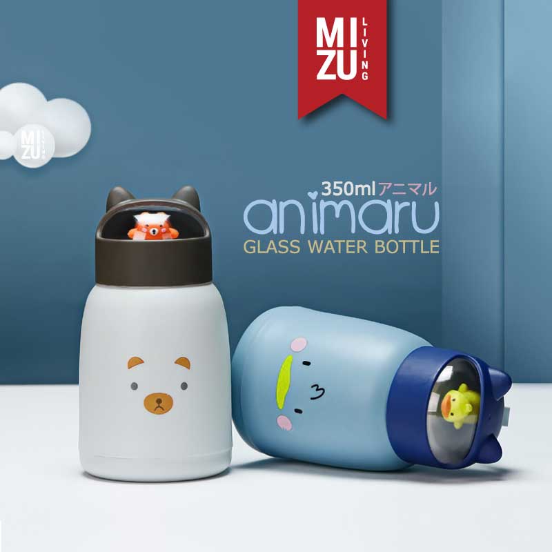 MIZU ANIMARU Glass Water Bottle Botol Air Minum Kaca BPA-Free Tumbler Kelinci Anak