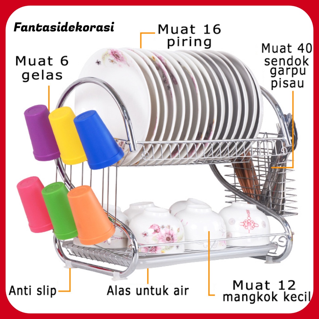 Rak piring serbaguna Rak piring mini Berkualitas Rak 2 Susun Tingkat Rak Piring Stainless Minimalis