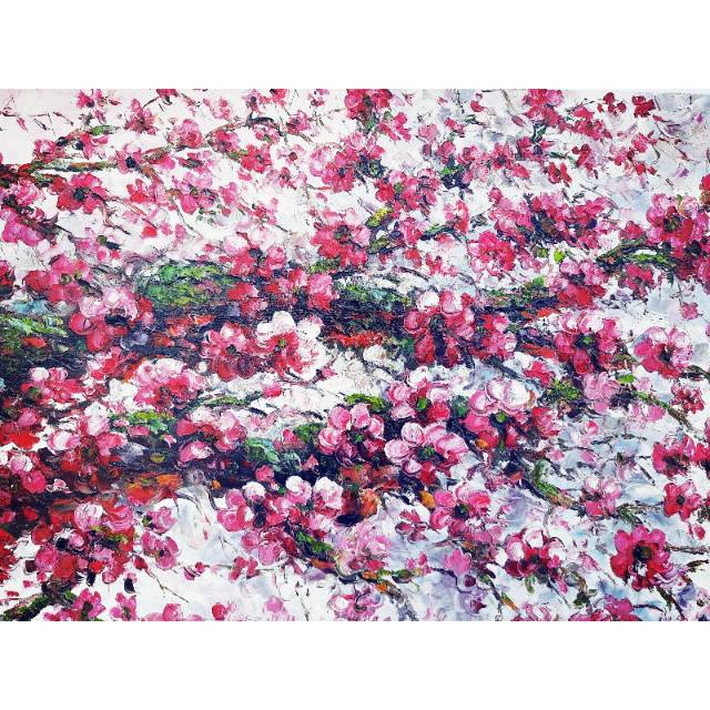 

bunga sakura media kanvas cat oil tekhnik palet timbul karya seniman bandung