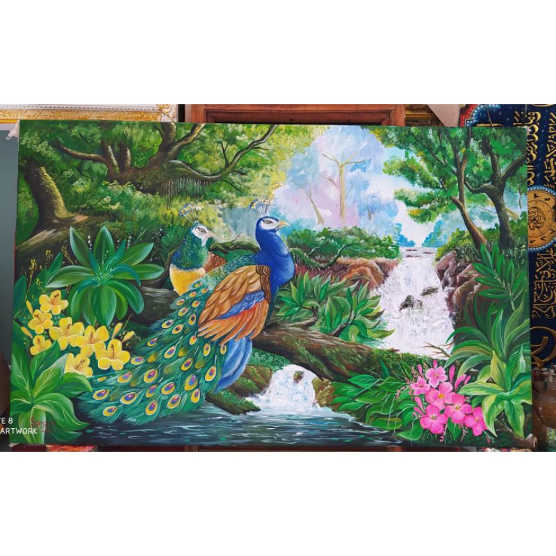 lukisan burung merak asli kanvas