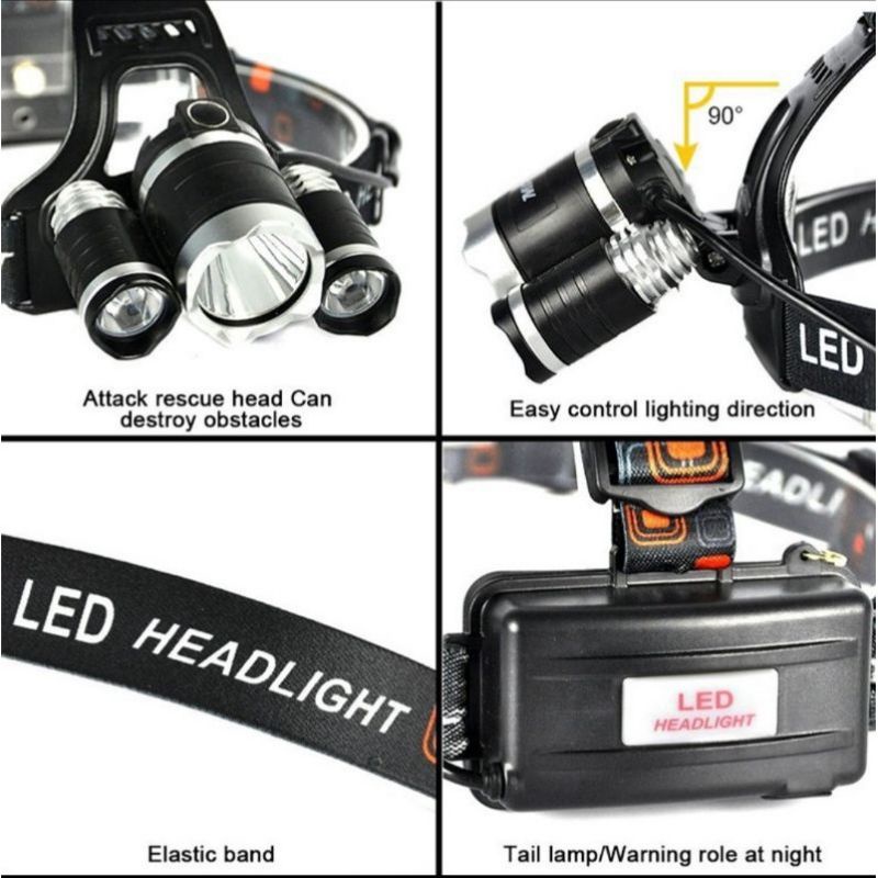 Senter Kepala Headlamp 3 LED XM-L 3T6 (senter kepala+baterai+chas)