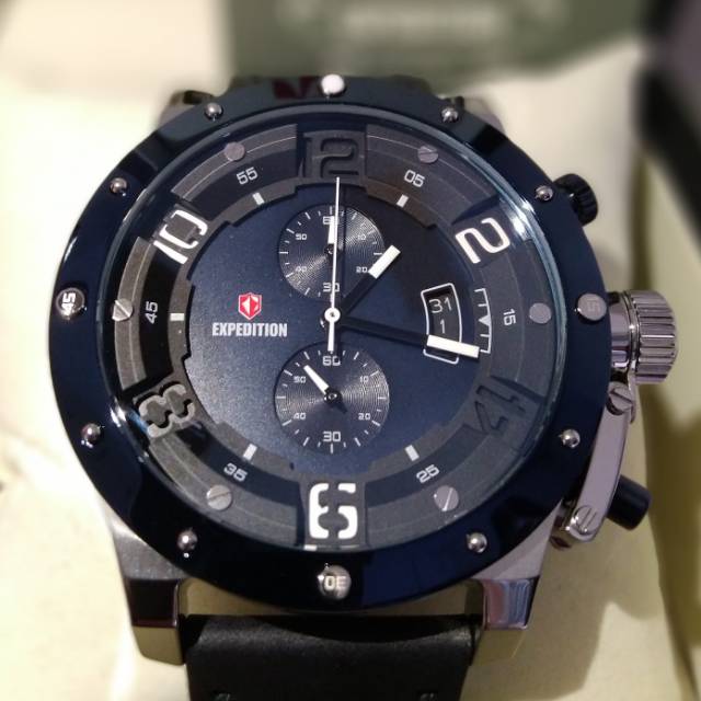 Jam Tangan Expedition E 6381 Navy Blue-Silver Men Original with Black Leather