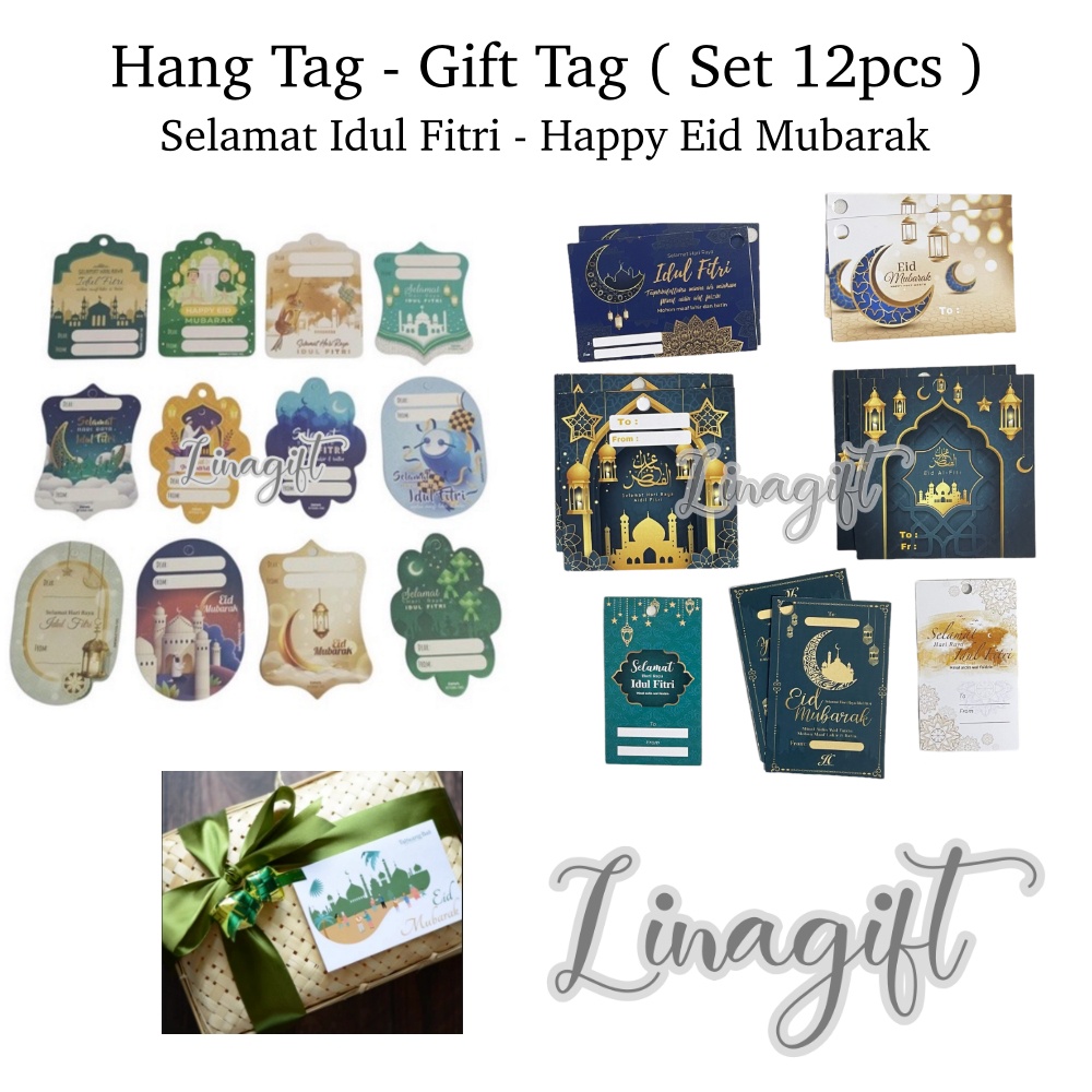 ( Set 12 Pc ) GIFT CARD HANG TAG - GREETING CARD KARTU UCAPAN SELAMAT IDUL FITRI / HAPPY EID MUBARAK - FANCY CUTE CLASSIC CARD KETUPAT LEBARAN