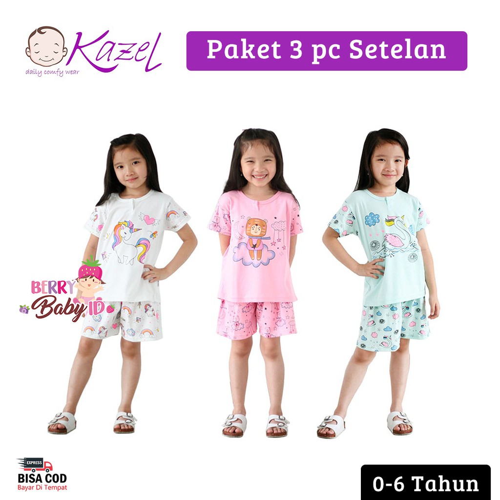 Kazel Set 3 pcs Setelan Pendek Bayi Anak Girl Swan 0-6 Tahun KZL003 Berry Mart