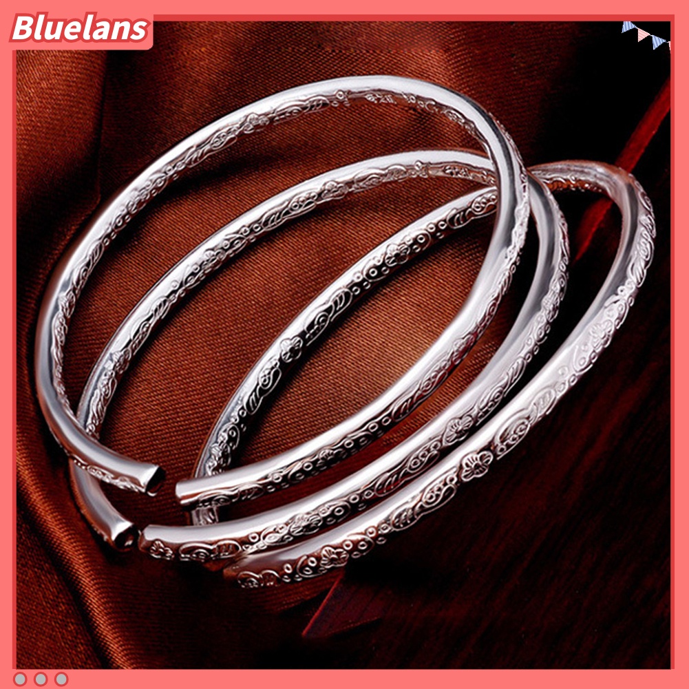 Bluelans Women Fashion Silver Plated Flower Engraved Open Bangle Bracelet Jewelry Gift