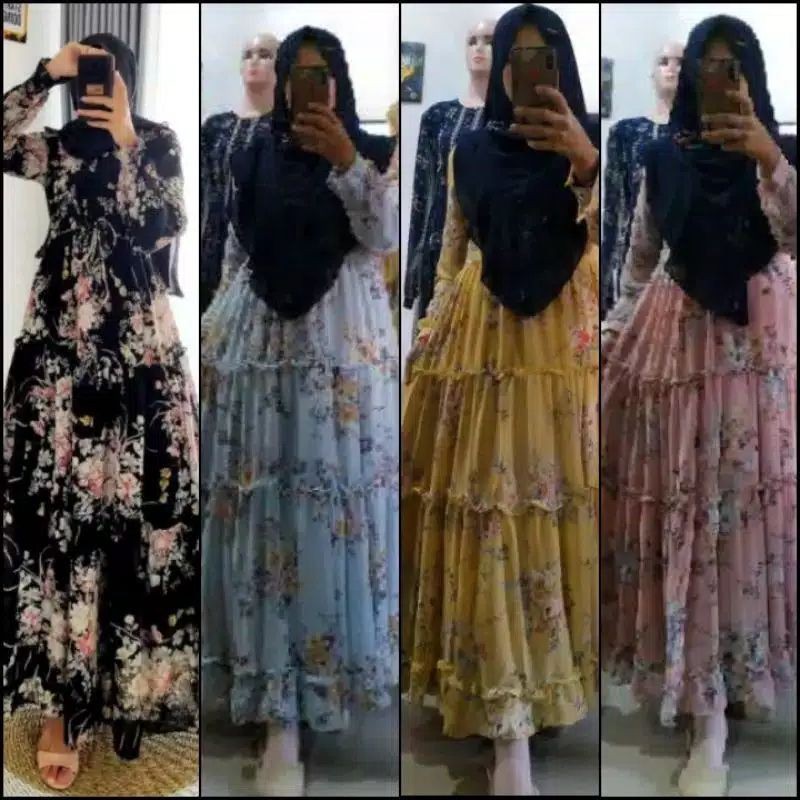 Gamis Motif Bunga Bahan  Ceruty Babydoll