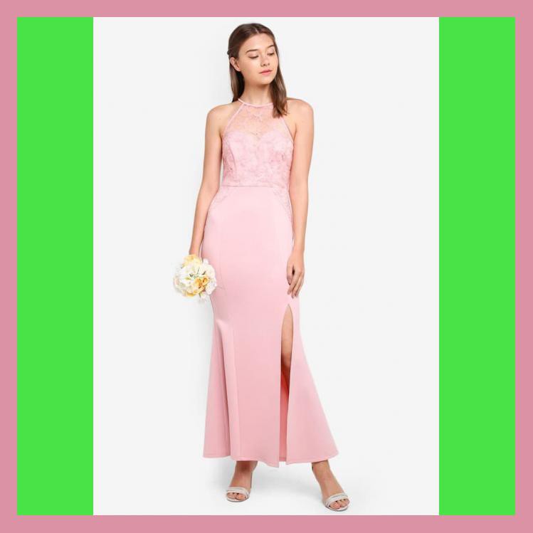 BRIDESMAID LACE OVERLAY MERMAID DRESS PINK