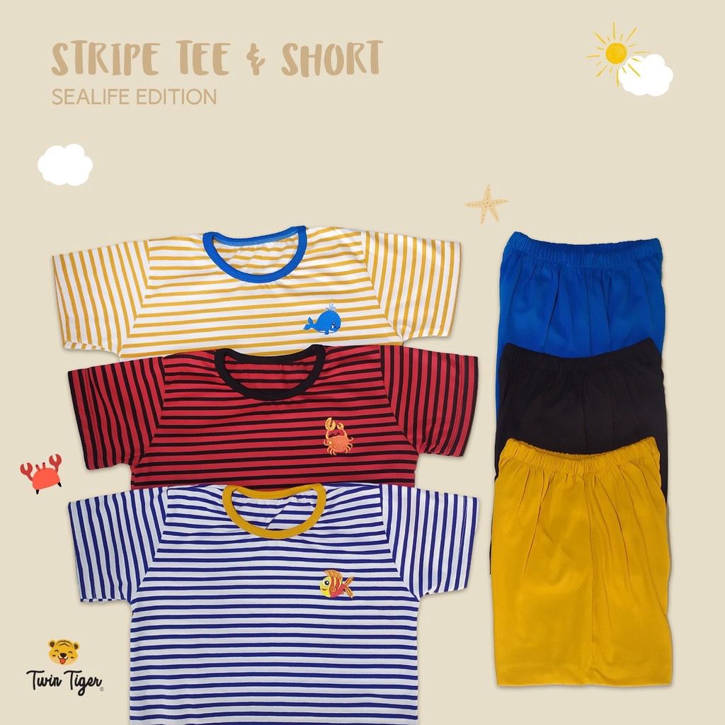 Twin Tiger Baby Setelan Kaos Anak Stripe Tee Pocket &amp; SHort