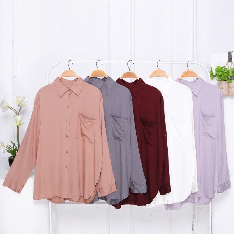 BLOUSE KEMEJA RAYON PREMIUM POLOS POCKET / KEMEJA POLOS WANITA KERJA !  KEMEJA KERJA WANITA