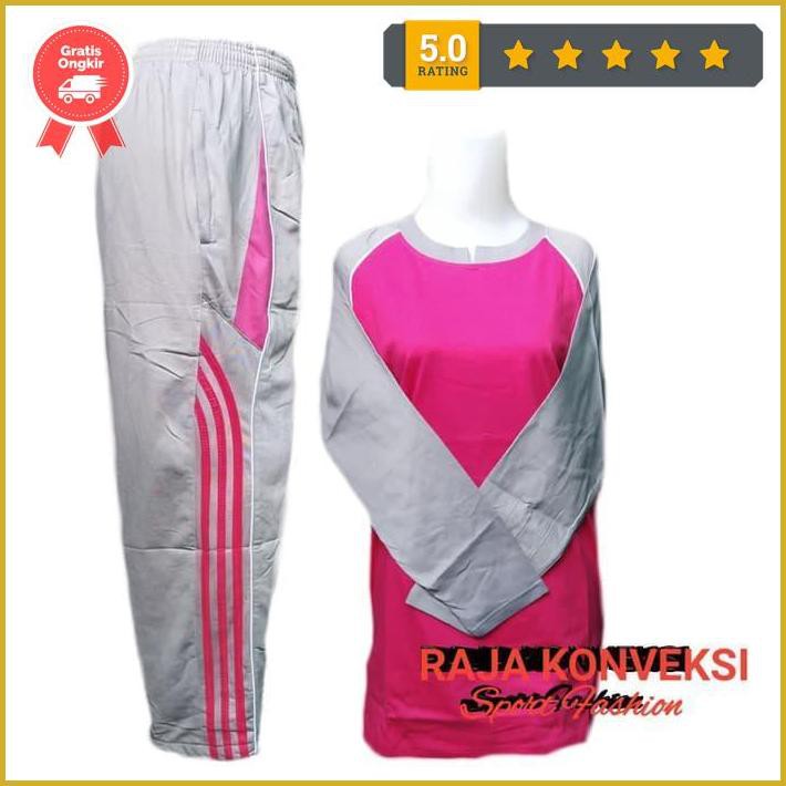 Setelan Baju Training Senam Wanita Muslim Murah - Pink Abu, L Paling Murah