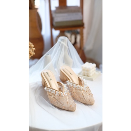 CELLENE Brenda Beads Heels (2warna) / wedding shoes sepatu pengantinbrukat payet putih heels 5cm