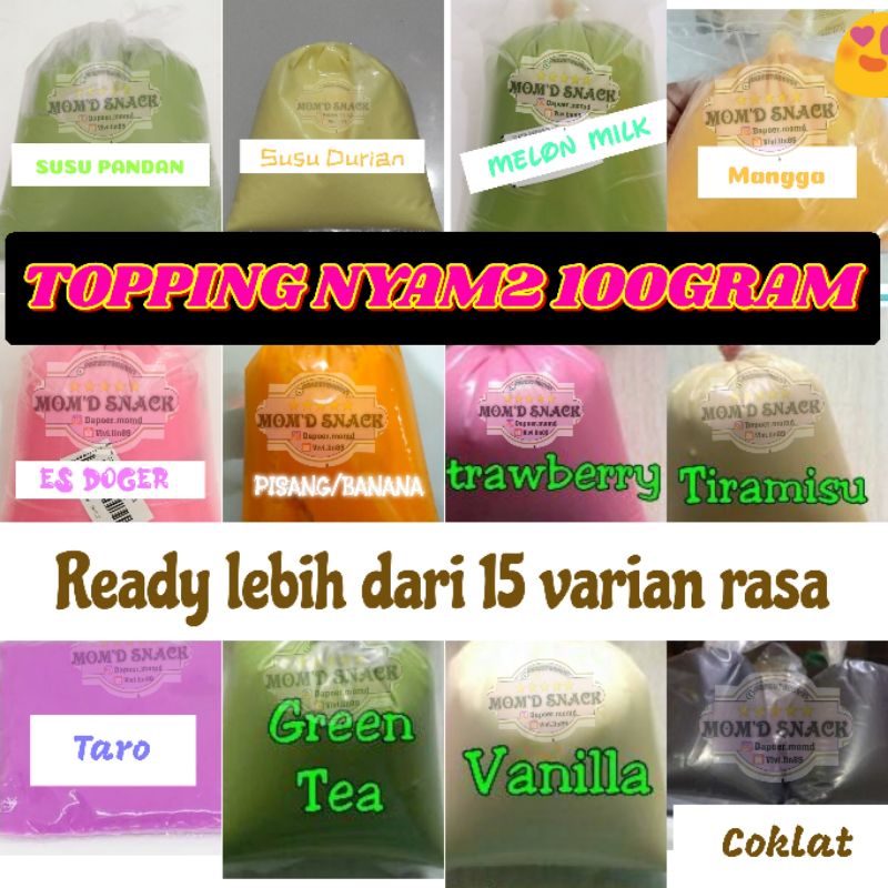 

TOPPING DIPPING NYAM2 CHEESEROLL DONAT PISANG 100GR GREENTEA COKLAT STROBERI FREEONGKIR DAPOER MOMD