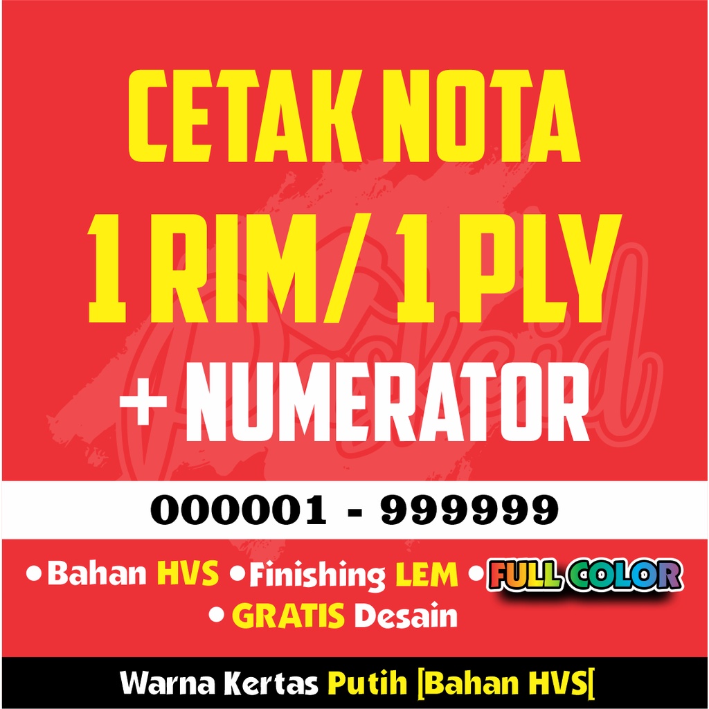 

1 RIM / 1 PLY CETAK NOTA/ Kwitansi/ Surat Jalan/ Bon/ Invoice/ Lainnya, Bahan NCR CARBON, FULL COLOR, NUMERATOR, PORPORASI