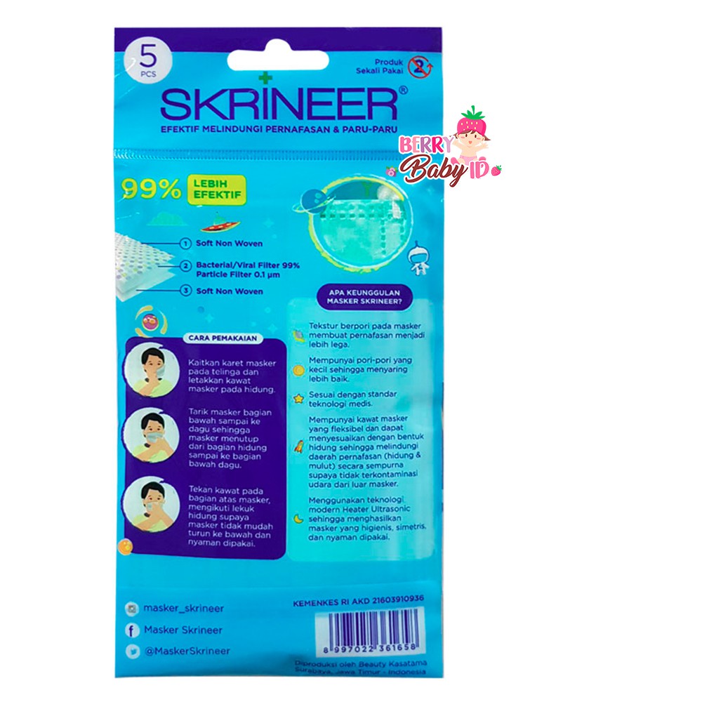 Skrineer Masker Anak 3 Ply Earloop Isi 5 Pcs Masker Medis Multifungsi Berry Mart