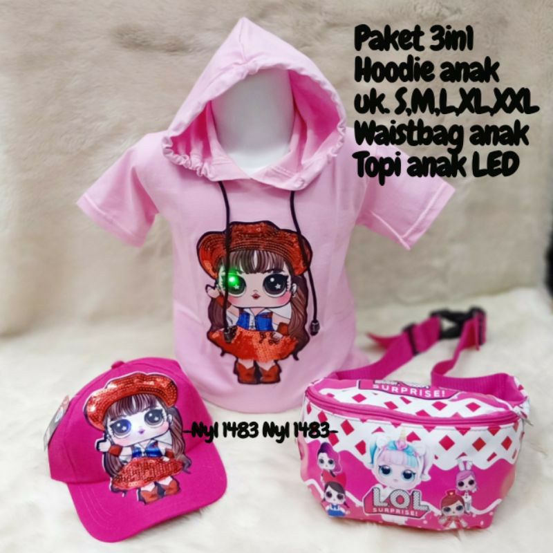 3in1 kaos Hoodie LoL gratis topi tas slempang anak t-shirt kupluk LED (Nyala)dapat waistbag dan topi Led